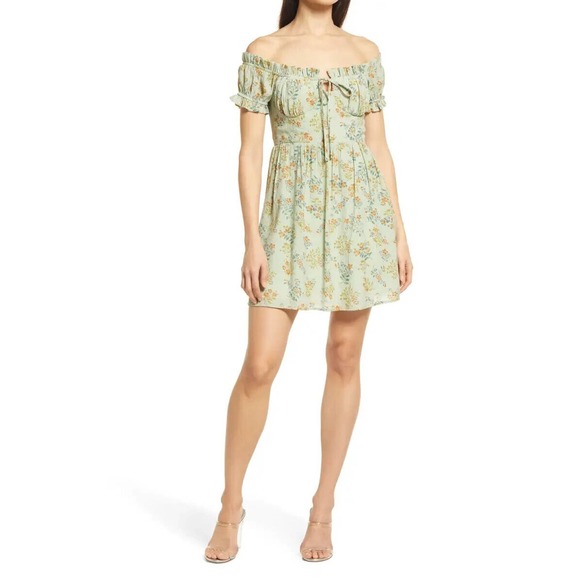 Lulus Dresses & Skirts - Lulu's All Heart Floral Print Off the Shoulder Mini Dress Green Women's Size XL